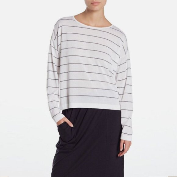 EILEEN FISHER White Tencel Blend Striped Long Sleeve Pullover Sweater Small Size - Picture 1 of 10